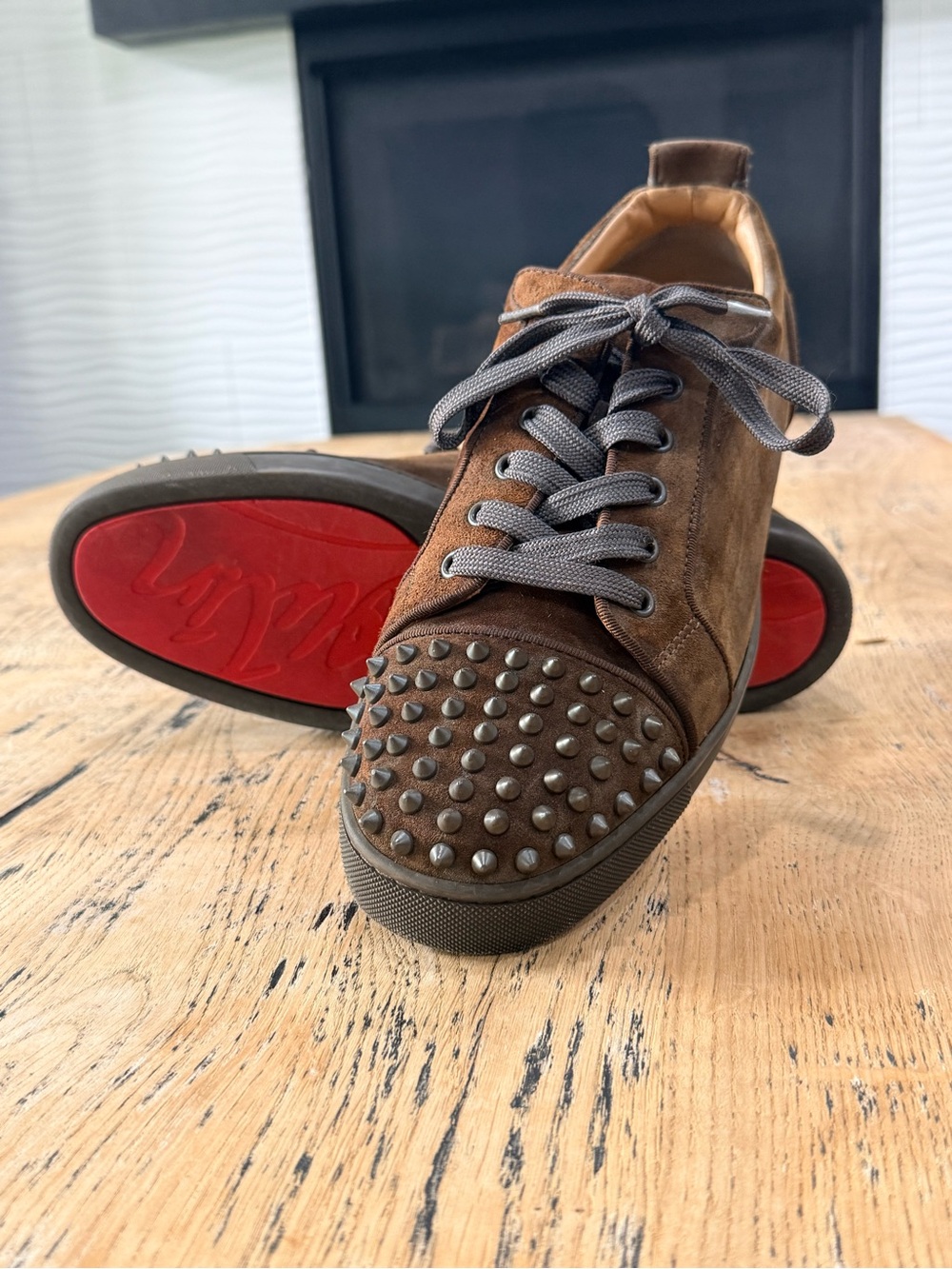 Christian Louboutin Brown Suede Studded Lace-Up Sneakers with Red Soles